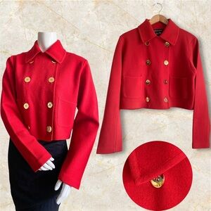 Vintage Wool Red Crop Knit Sweater Blazer Gold Button Romantic Love Christmas M